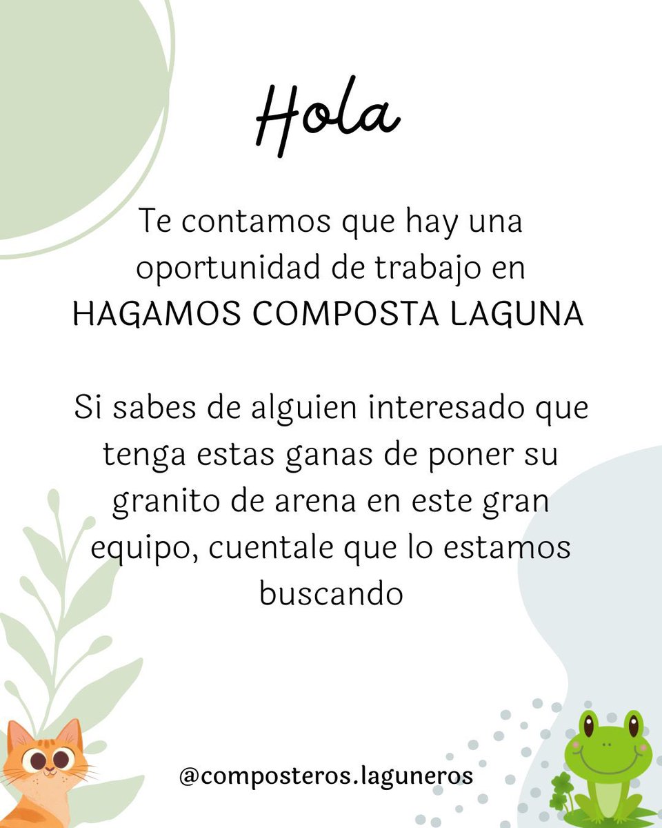 hagamoscomposta's tweet photo. Oportunidad de trabajo en la #ComarcaLagunera 😃
Ayúdanos con un RT para llegar a la persona indicada https://t.co/ngA951YdPc