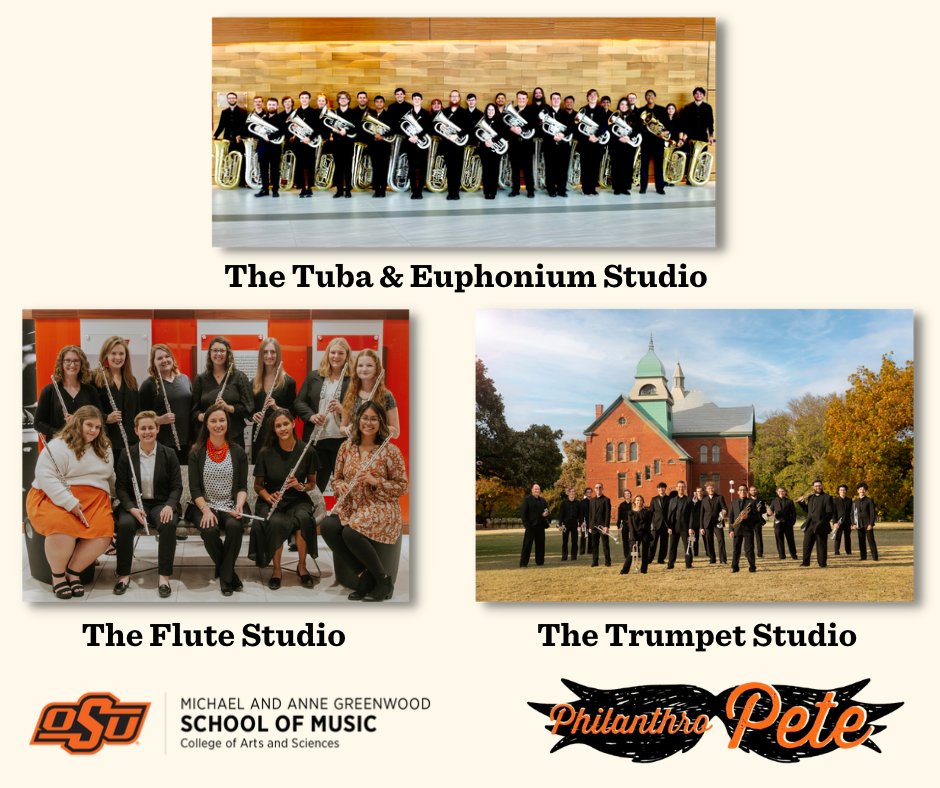 The Flute, Trumpet, and Tuba/Euphonium Studios are crowd-funding various projects for their studios and need your help! Visit our link in bio to visit their PhilanthroPete pages!
#OKStateMusic