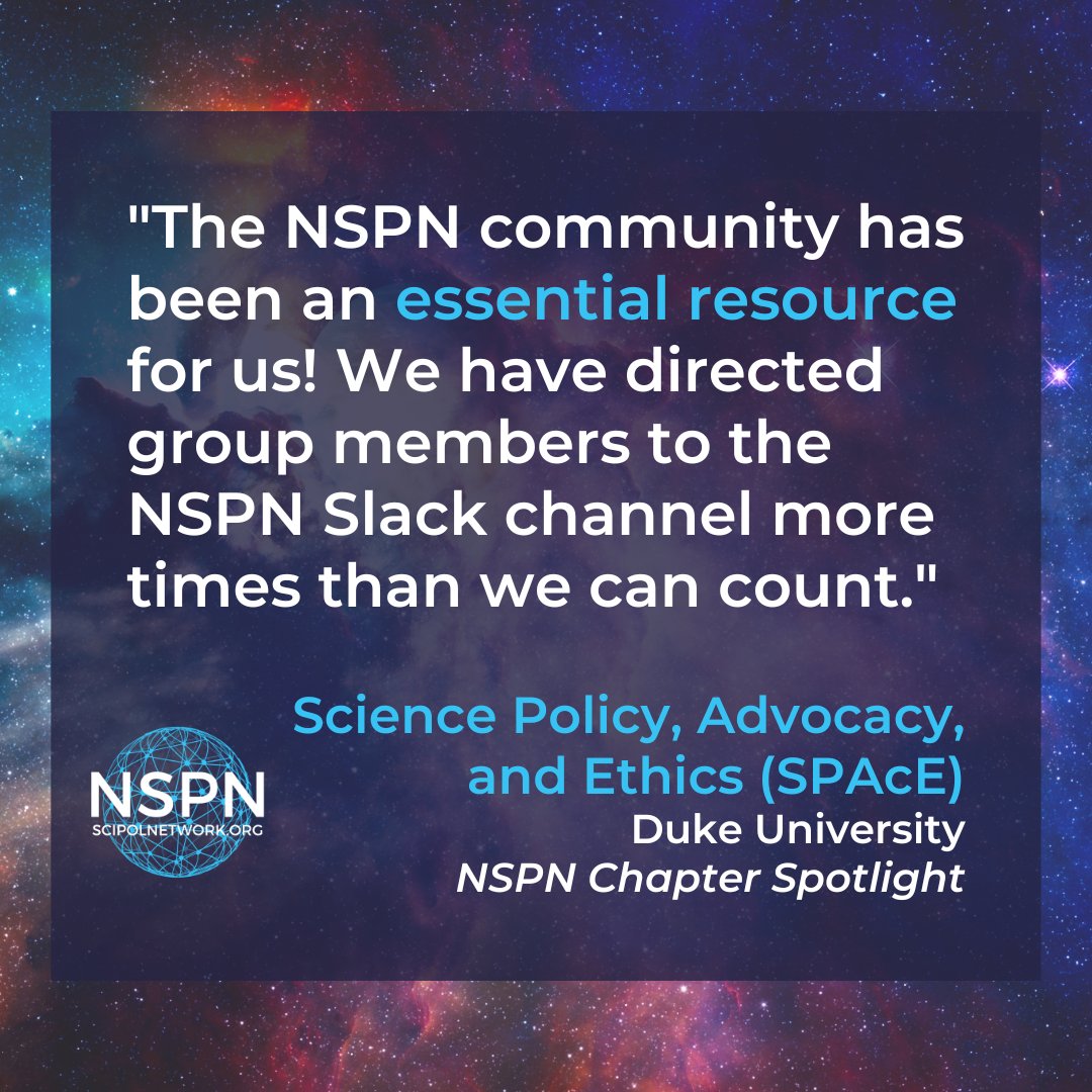 Duke University's @Duke_SPAcE is a new NSPN chapter seeking to build a community of engaged advocates in #SciPol and ethics. Leadership team members Cait Hamele, Rachel Keener, and Julia Palmucci share their experience starting the group on our blog: ow.ly/fbTK50Nnhii