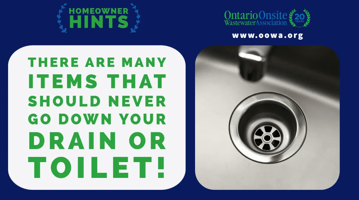 What goes down your drain can affect your #septicsystem or your municipal #wastewater treatment plant. 12 items to never put down the drain: buff.ly/3pcefTx 
Guide for septics: buff.ly/3NXmHlm  @FlemingCAWT @conont @TheNBMCA @ptbogreenup #onsiteproud #environment