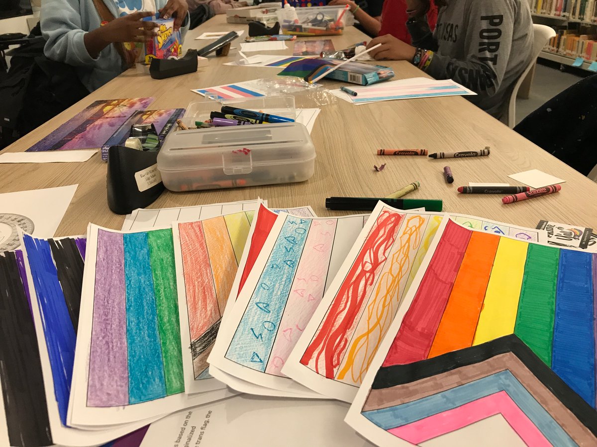 EastsideMHSLib's tweet photo. Making Pride flags to create a banner during lunch in the library.  Happy Pride Week! https://t.co/uowxMKkvx4