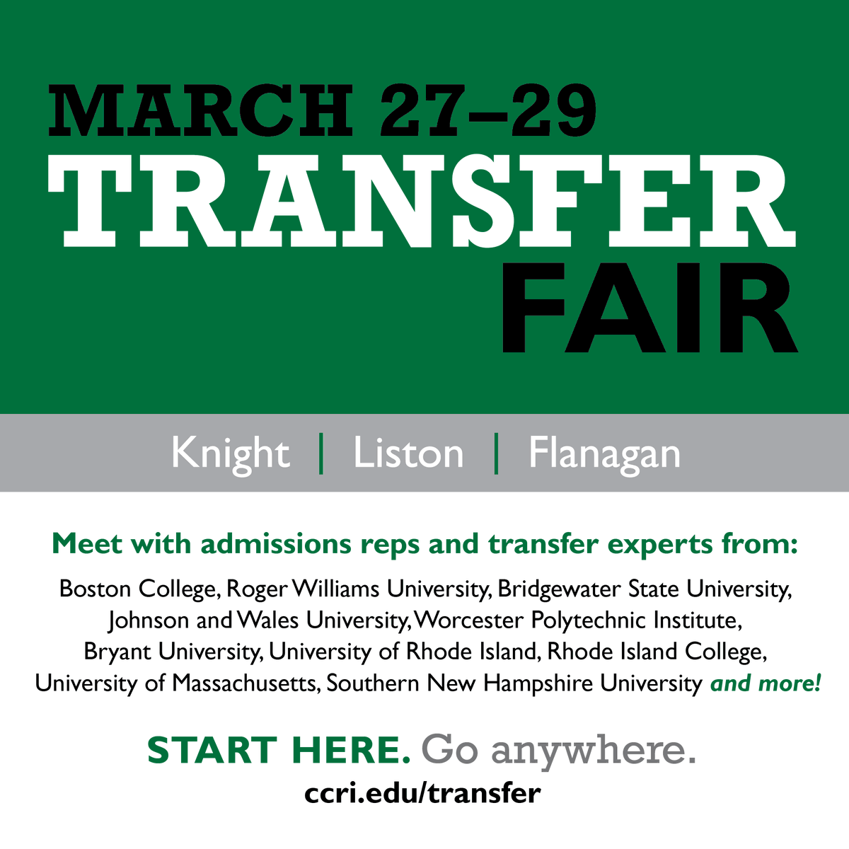 CCRINews's tweet photo. When we say “start here, go anywhere,” we mean it. Get started at next week’s Transfer Fairs! Meet with reps from 20+ universities including @JohnsonAndWales , @universityofri, @RICNews , @BryantUniv and many more! See you there, Knights 😉 https://t.co/XGe2JbqnNg