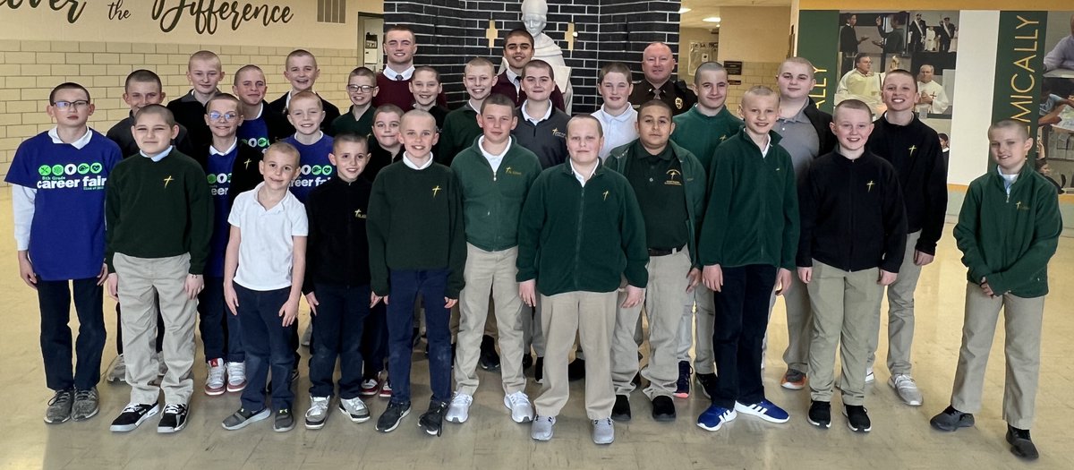 At Saint Albert Catholic, we always support our family members who may be struggling. We're proud of those who participated in our "Brave the Shave'' event in support of Mason. Today, they showed they're "Mason Strong!'' Well done, students, &amp; thanks to Lt. Wesack for joining us!
