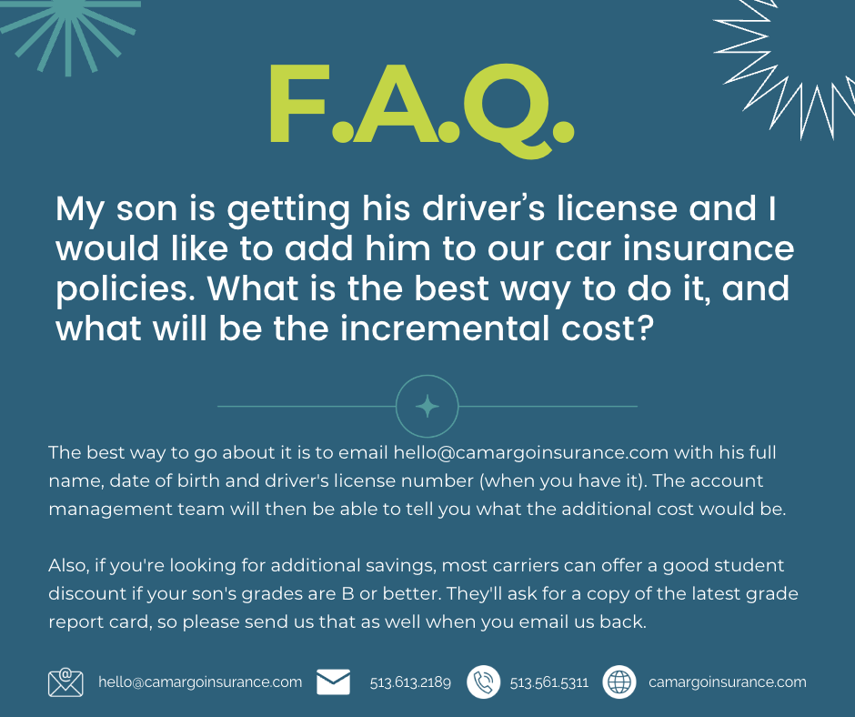 Thank you for your question, Can! 🙏 It's helpful for parents to know that we have great options for teenagers. 🚘 If you have a question you can send it to 👉 hello@camargoinsurance.com or submit it here 👉hubs.la/Q01GMjYl0 We'll be happy to help you!