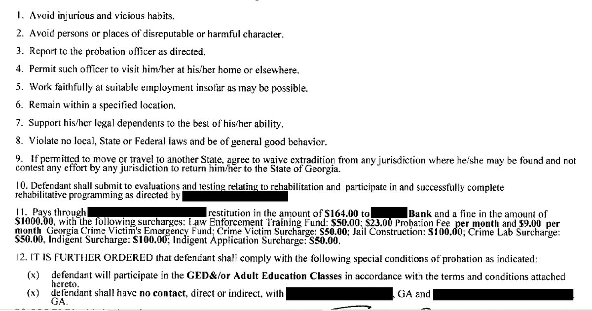 I want folks to REALLY understand the intersection of efforts to #StopCopCity and #DecriminalizePoverty. These are probation conditions a conviction of 1 count: forgery in the first degree. [keep reading]