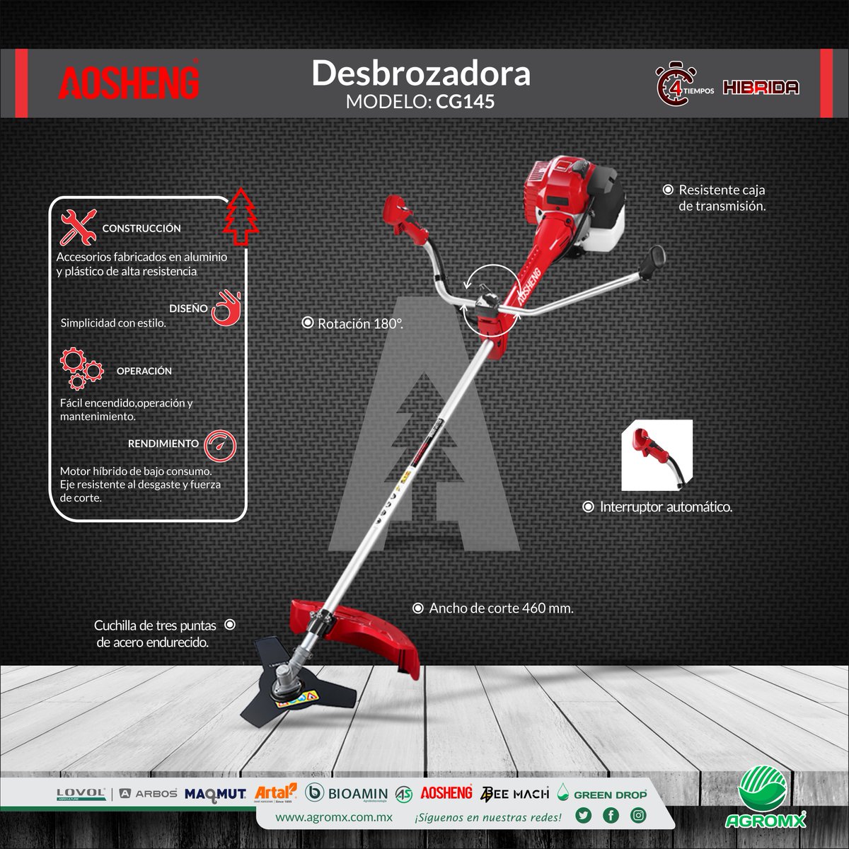 GrupoAgromx's tweet photo. La #DESBROZADORA modelo #CG145 que manejamos en nuestra marca #AOSHENG es un equipo de alto rendimiento gracias a su motor híbrido de bajo consumo y gran potencia ✅ 

Con su rotación de 180° brinda una fácil operación para uso profesional en terrenos abiertos ✔️ 

#AGROMX https://t.co/xCLnKC2NOW