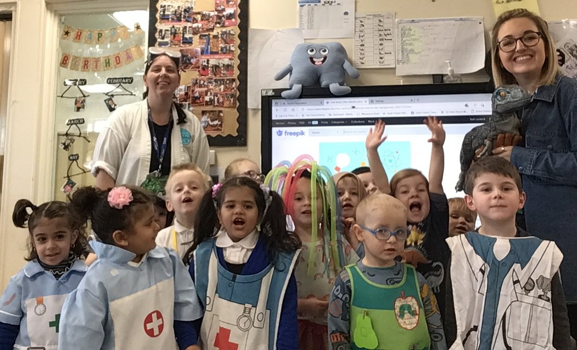 DeltaStrand's tweet photo. In nursery, we had dinosaurs, flowers, caterpillars, scientists, and rainbows arrive at school ready for Science day. A huge thank you to all of our families for continuing to support us. The children looked amazing! @DeltaStrand @deltatrustsci @mrirvingd #DeltaStrandScience https://t.co/vkxnAkoHx9