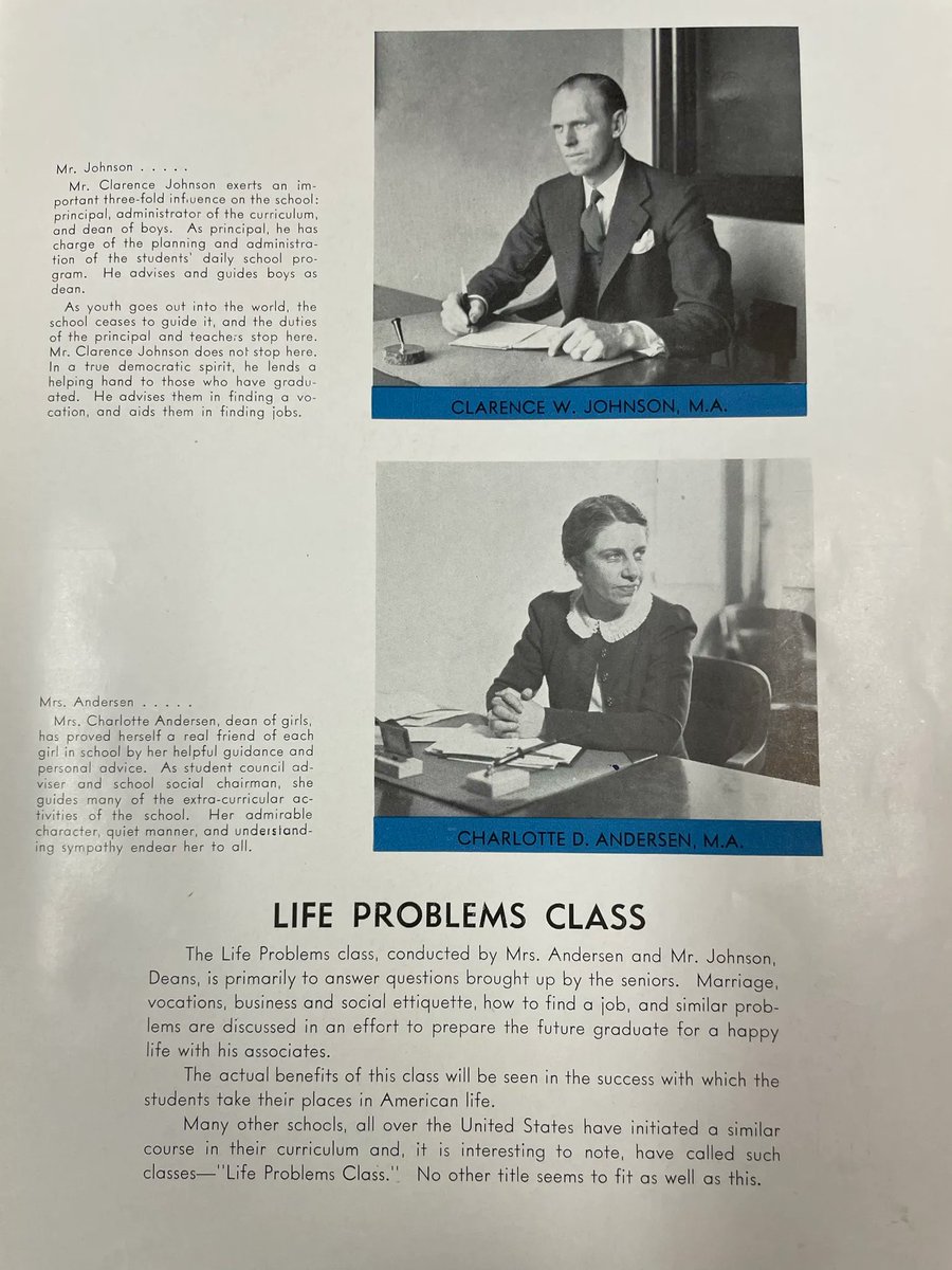 Dist_99's tweet image. 1940: DGN offered a "Life Problems Class" to students. The class was run by the Dean of Boys and the Dean of Girls (pictured). Marriage, vocations, business, social etiquette, job finding, and similar problems were discussed. #100yearsofD99 #D99is100