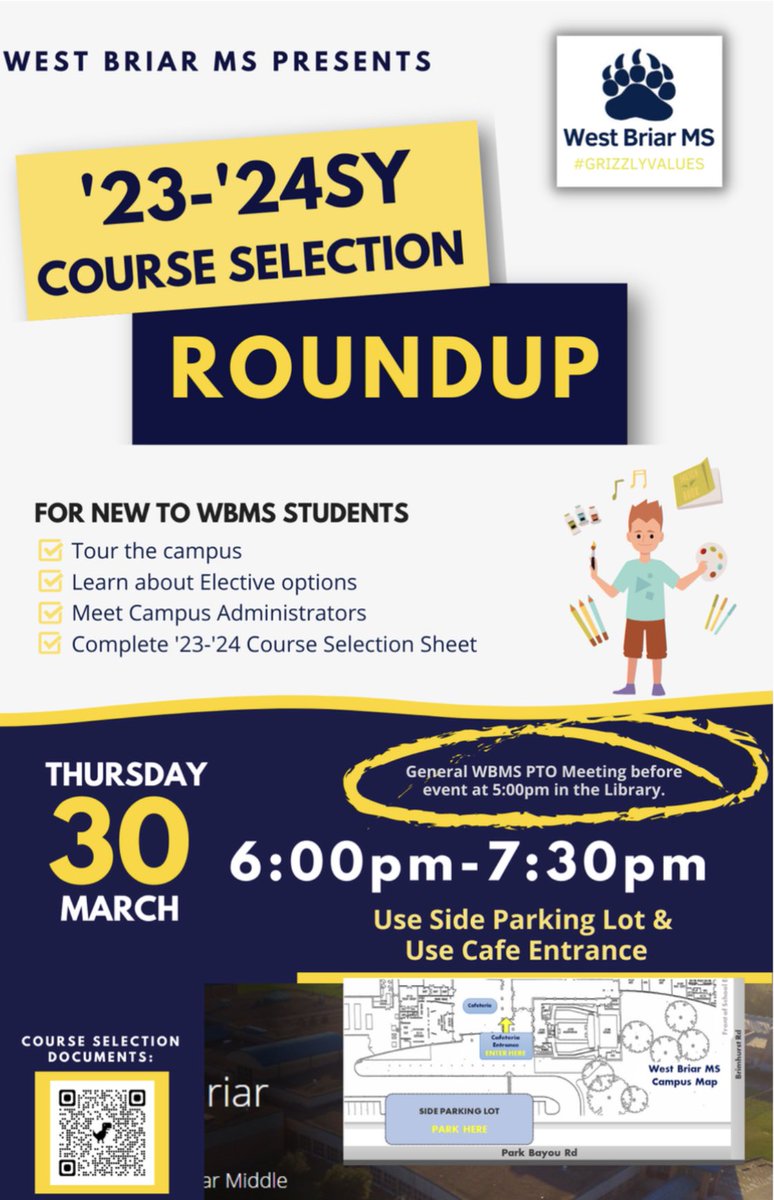 WestBriarMS's tweet photo. 📢Calling all future West Briar students &amp; parents:  All incoming 6th grade families are welcome‼️ 💙#GrizzlyValues💛 @wbmspto @AskewAllStars @BarbaraBushElem @Ashford_Hisd @RayKDailyES @shadowbriares https://t.co/EyiJjZlokB