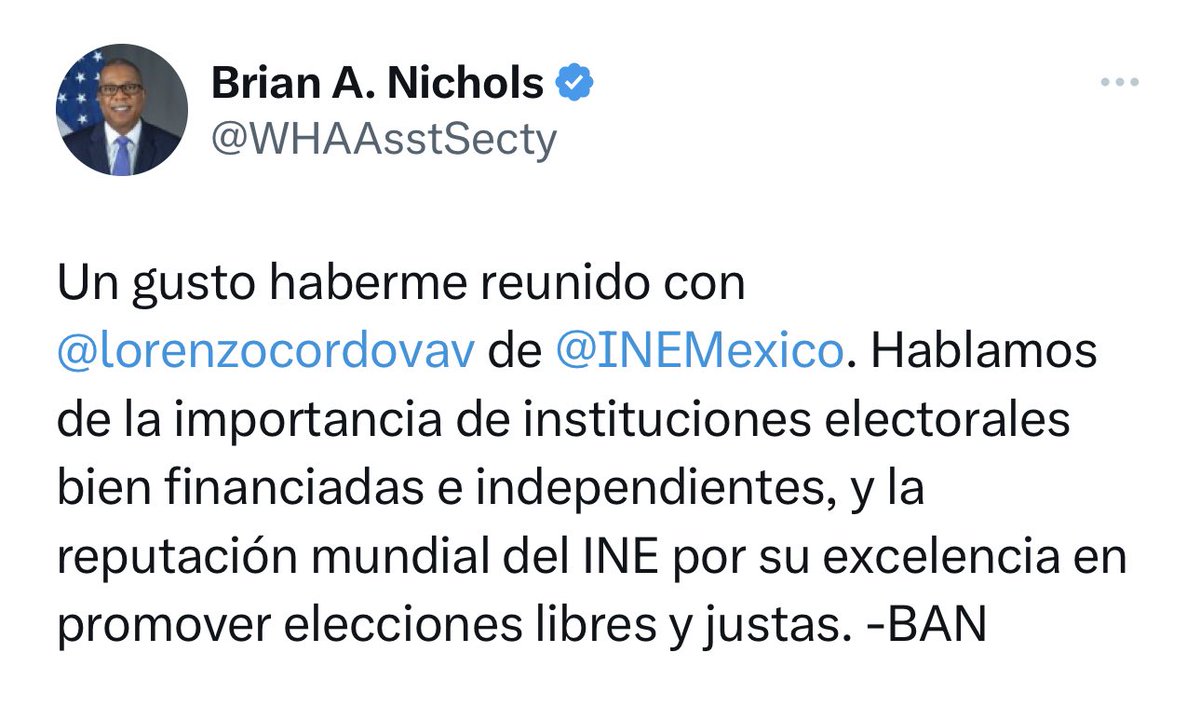 El gobierno de #EUA reconoció el trabajo y el prestigio del #INE a nivel mundial; tras reunirse con Lorenzo Córdova, el subsecretario del Departamento de Estado para el Hemisferio Occidental, Brian Nichols, reconoció al instituto por promover elecciones libres y justas.