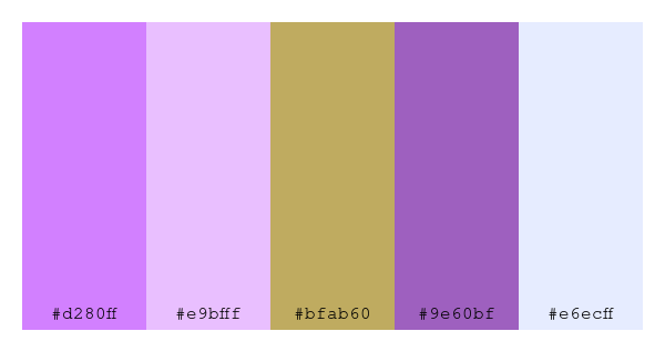ColPaletteBot's tweet photo. Beep beep, here's a pretty color palette for you!
color-scheme.js parameters used:
- hue: 89
- variation: light
- colors: #d280ff, #e9bfff, #bfab60, #9e60bf, #e6ecff
Have a lovely evening!
#twitterbot #colorpalette #colors #palette #prettycolors https://t.co/gmfnhJ8rvt