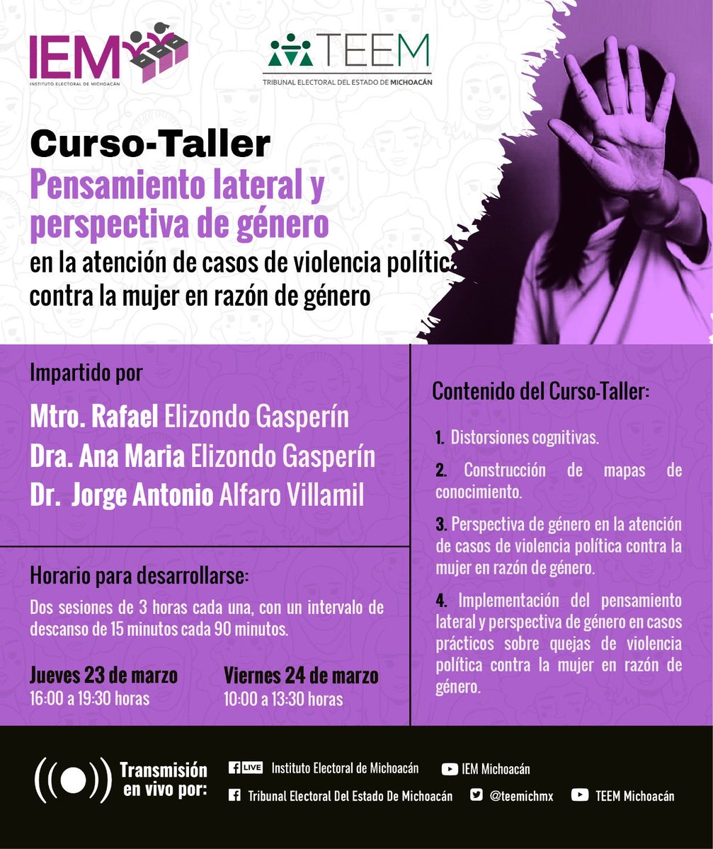 Un honor la invitación del ⁦<a href="/teemichmx/">Tribunal Electoral del Estado. Michoacán.</a>⁩ ⁦@IEMich⁩ para la realización de capacitación, divulgación y difusión de herramientas de pensamiento lateral para la actuación con perspectiva de género, nos vemos este jueves 23 y viernes 24 de marzo.