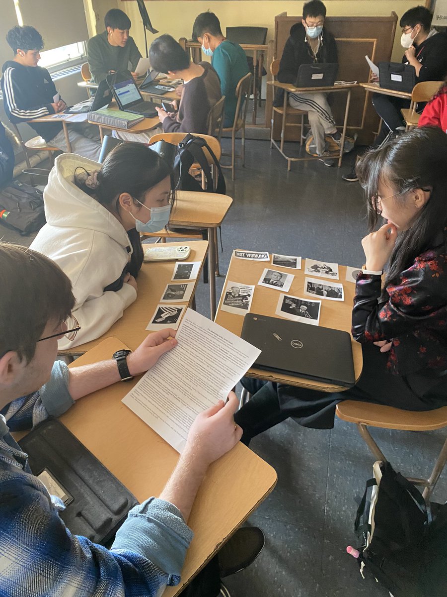 MrBuffolino's tweet photo. In pairs and trios, students assigned themselves roles of reader and organizer. When one student was reading, the other was organizing pictures in chronological order. Then, students switched roles!! @WTCRams #greathappenshere #clarkehs #coldwarunit https://t.co/Abagy2muIX