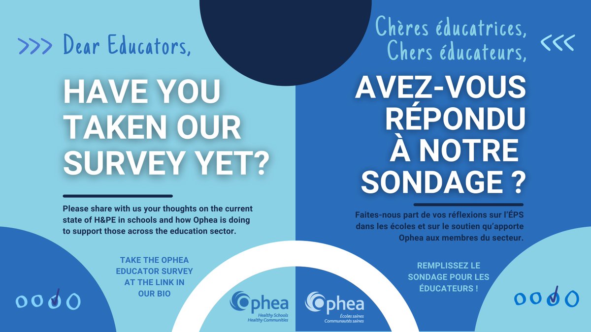 Dear educators, it's time for you to let us know how Ophea can serve you better!

Chères éducatrices/Chers éducateurs, il est temps pour vous de nous dire comment Ophea peut mieux vous servir.

Take our survey here / Remplissez notre sondage ici: bit.ly/3m8MGwZ