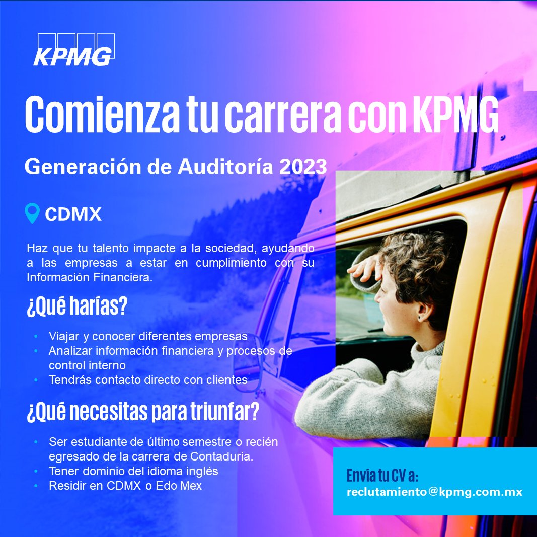 Únete a la Generación 2023 de Staff de Auditoría con @KPMG_talento 
Estudiantes de último semestre de Contaduría y recién egresados.

@IberoVincula  @IBERO_mx  @IberoEgresados  @COPSA_Ibero