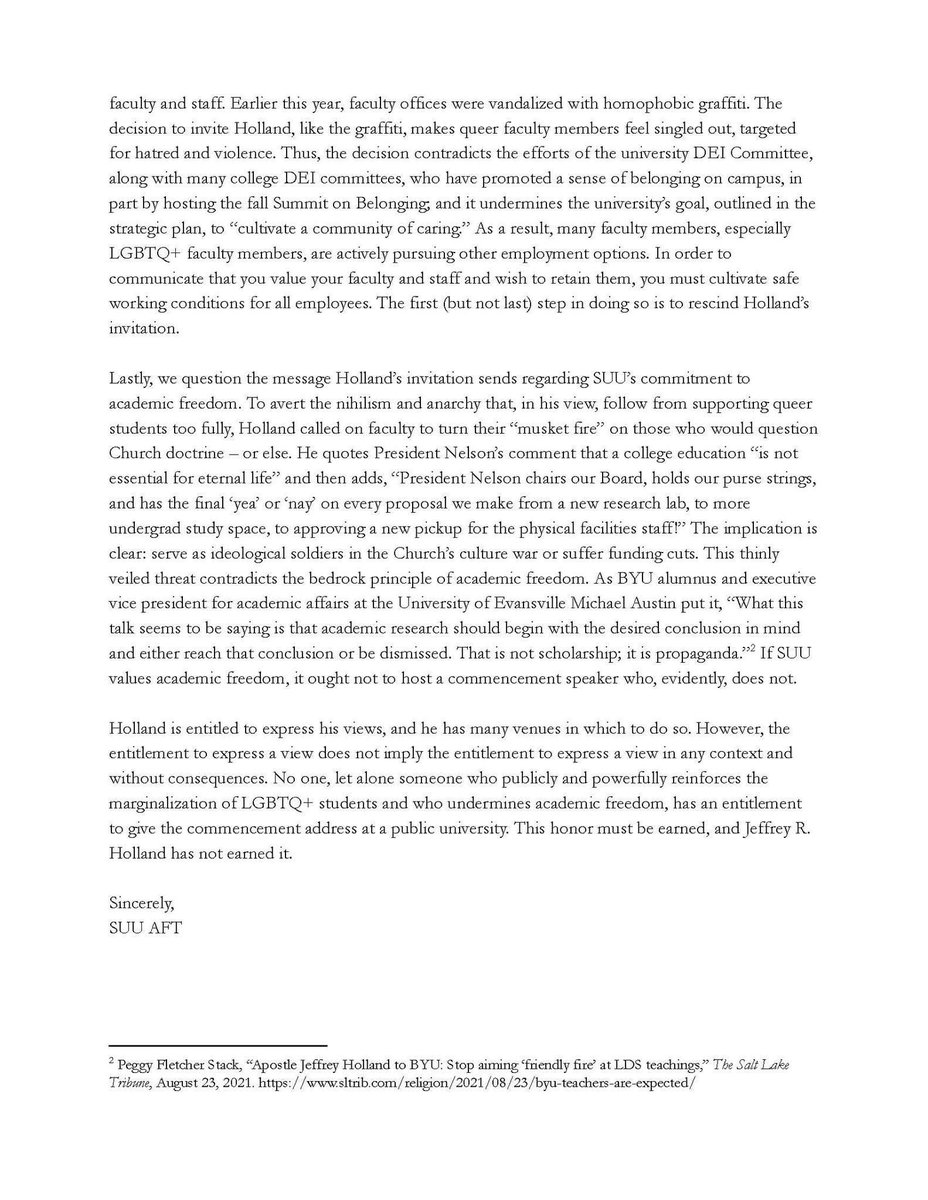 AftSuu's tweet photo. We are deeply disappointed by the University's choice to select Dr. Holland as this year's commencement speaker. We ask President Benson and the Board of Trustees to reconsider. 

Please see the attached open-letter outlining our reasons.
#suu #suutbirds #tbirdnation https://t.co/2Pk83T25aI