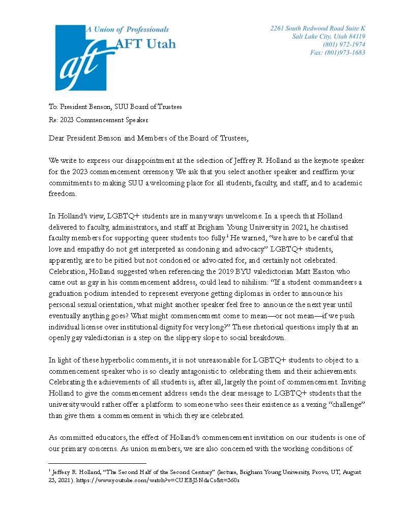 AftSuu's tweet photo. We are deeply disappointed by the University's choice to select Dr. Holland as this year's commencement speaker. We ask President Benson and the Board of Trustees to reconsider. 

Please see the attached open-letter outlining our reasons.
#suu #suutbirds #tbirdnation https://t.co/2Pk83T25aI