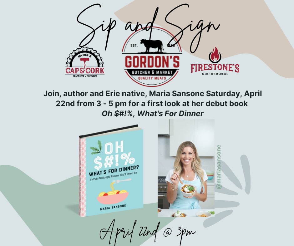Save the date, ERIE!!! April 22nd 3-5pm at <a href="/GordonsButcher/">Gordons Butcher & Market</a>! 
Can’t wait to sip &amp; sign! 🍷 📚