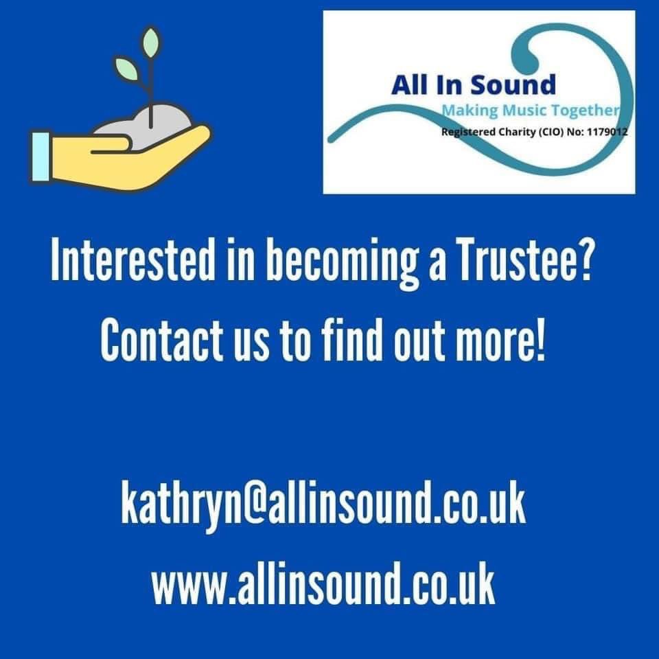 Interested in becoming a Trustee?

Make a difference in your local community by being part of the <a href="/all_in_sound/">All In Sound</a> story.  

Want to find out more contact us either via our website or email kathryn@allinsound.co.uk

allinsound.co.uk #community #trustee