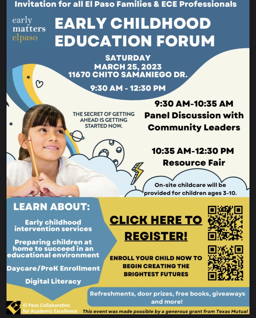 Sandy Carrillo (@love2teachpk2) on Twitter photo Early Matters El Paso invites you and your family to attend the Early Education Forum and Resource Fair on Saturday March 25th! Free breakfast, lunch, books, door prizes! Come learn about the benefits of PreK enrollment! <a href="/CanutilloISD/">Canutillo ISD</a> <a href="/earlymatterselp/">Early Matters El Paso</a> @abc7breaking <a href="/KISSFM_es/">KISS FM</a> Early Matters El Paso invites you and your family to attend the Early Education Forum and Resource Fair on Saturday March 25th! Free breakfast, lunch, books, door prizes! Come learn about the benefits of PreK enrollment! <a href="/CanutilloISD/">Canutillo ISD</a> <a href="/earlymatterselp/">Early Matters El Paso</a> @abc7breaking <a href="/KISSFM_es/">KISS FM</a>