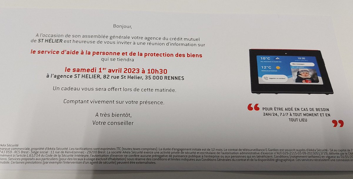 [AG <a href="/ut_CMBRENNESEST/">CMB UT RENNES EST</a> agence St Helier] #sociétaires # partage # rencontres # échanges #administrateurs 
L'occasion de partager un moment convivial et de découvrir <a href="/AssistanceArkea/">Arkéa Assistance</a> et <a href="/arkeasecurite/">Arkéa Sécurité</a> téléassistance et télésurveillance
Venez nombreux 📩📥☕️🍫🥂