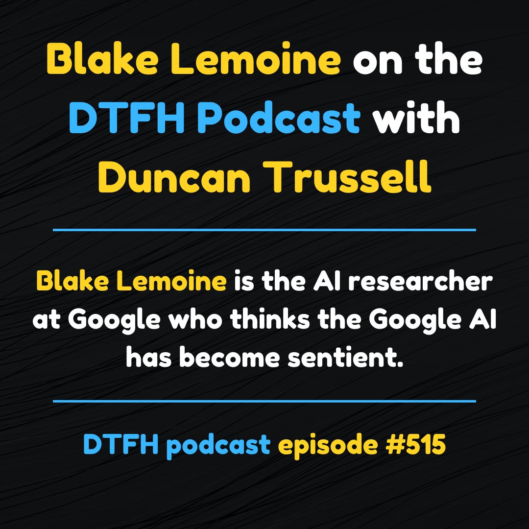 This podcast episdoe is fascinating. open.spotify.com/episode/0NXNvJ…...
(for more recommendations sign up for the Email List on BrandNewLogic.com) #DTFH #blakelemoine #ai #lamda #lamdaai