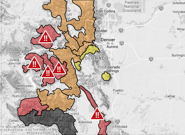 NWSBoulder's tweet photo. If you're heading to the mountains, be aware of the  Avalanche Warnings across the state. Follow the @COAvalancheInfo for avalanche information! #COwx https://t.co/sHNuUeePtH