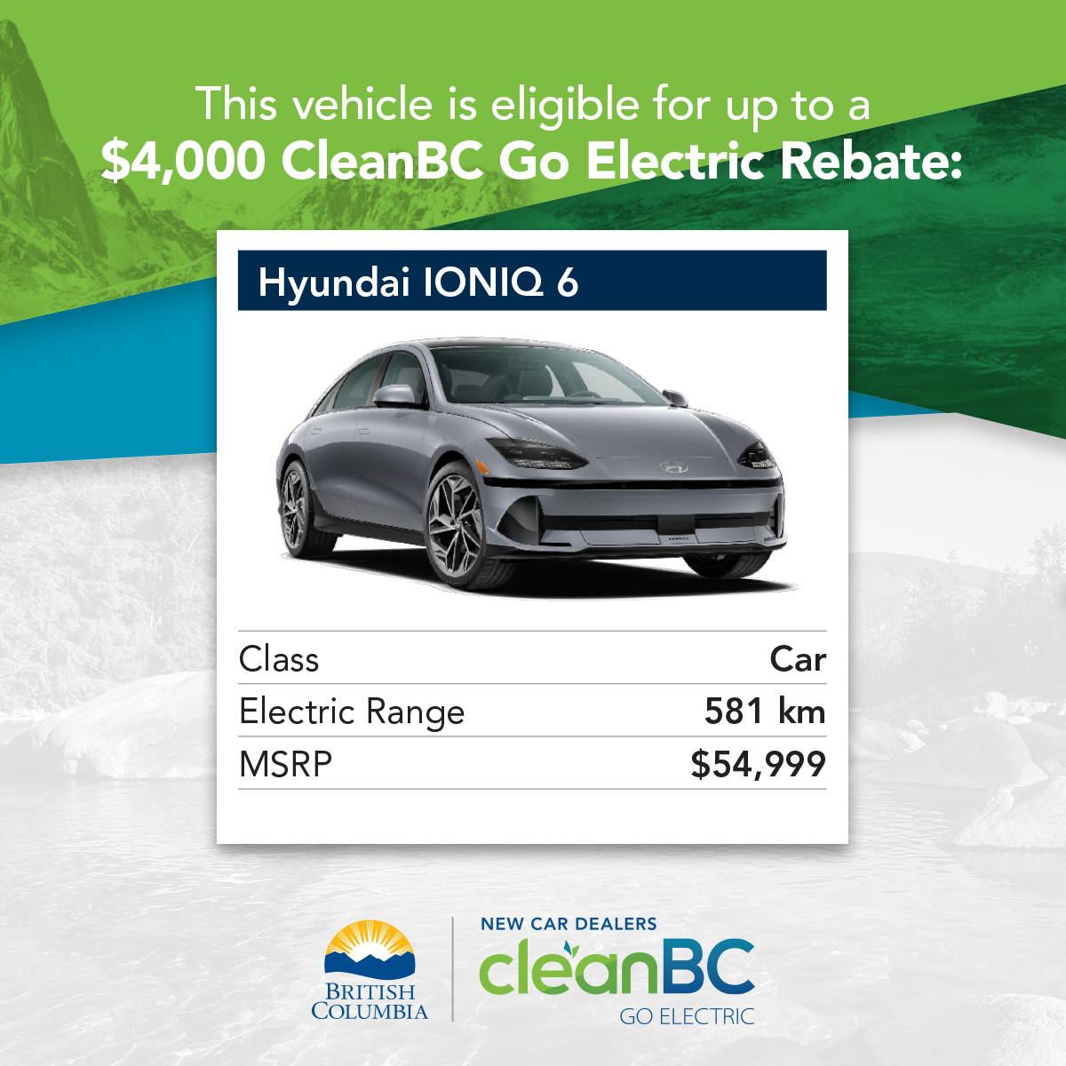 NCDGoElectricBC's tweet photo. #ALERT New model eligible for #CleanBCGoElectric rebates in BC - Hyundai IONIQ 6!
@HyundaiCanada
Complete list for eligible vehicles: https://t.co/ubo3wQfsX1 @NCDA_BC https://t.co/W1r5uLsGx0