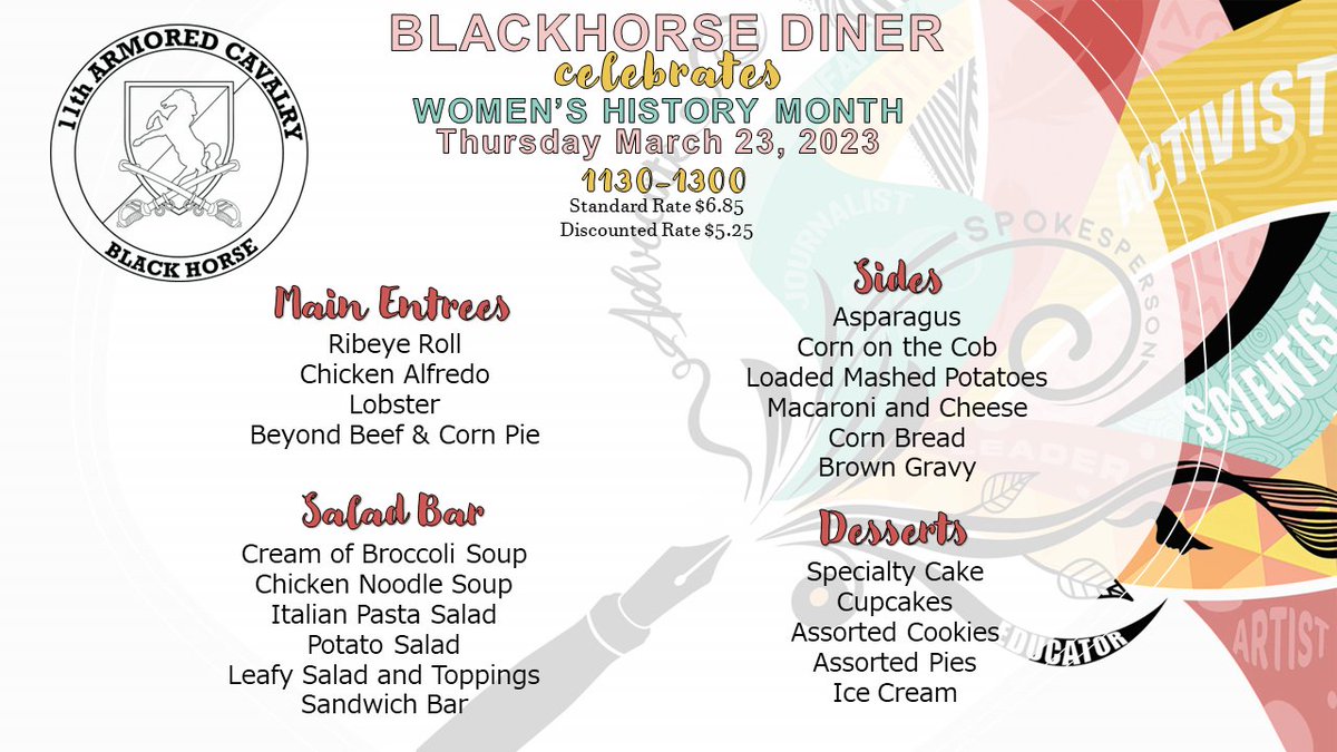 11ArmoredCavReg's tweet image. Join us at the Blackhorse Diner this Thursday in honor of Women's History Month! @RSS11thACR @Ironhorse11ACR @211ACR1 @70thRCO