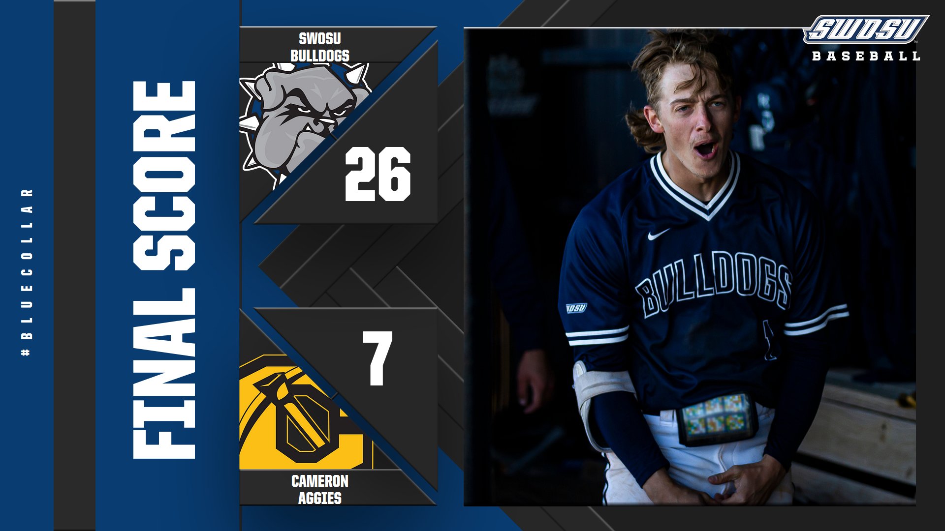 SWOSU Baseball on X Bulldogs miss two extra points but beat Cameron 26 7. Rice 4 6 2 3Bs 2B 6 RBI 4 R Clines 4 5 Johnson 1 2 HR Could basically list the entire