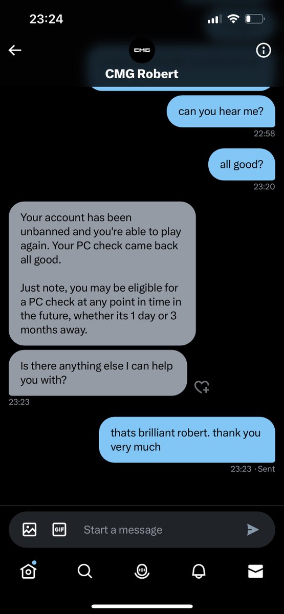 cleared from CMG and been unbanned