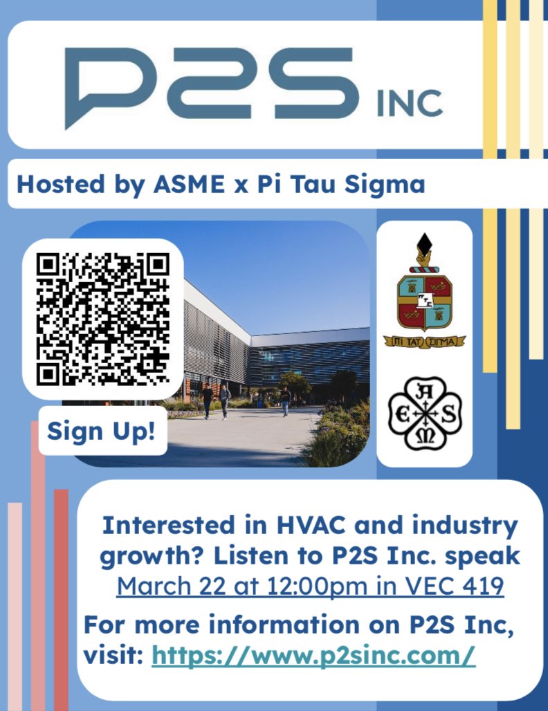 If you’re considering a career in HVAC, speakers from P2S Inc. will be stopping by VEC-419 at noon on Wednesday, thanks to students from ASME and Pi Tau Sigma. 
#CSULB #hvacengineer #pitausigma #asme