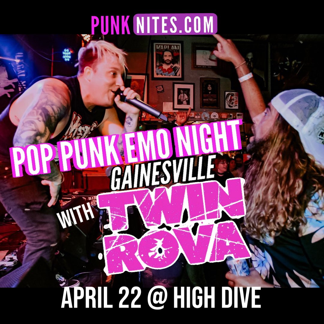 PunkNites's tweet photo. Kinda early to announce but damn it's exciting @itstwinrova @HighDiveGville 👀 biggest show of the year Gainesville LET'S GOOOOOOOO  @TwinRovaST  #PopPunk #EmoNight #PopPunkEmoNight #Gainesville #EmoFest #PunkFest https://t.co/Zrw9uk2IMW
