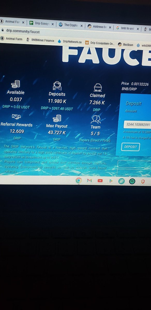 DerrekDominguez's tweet photo. Officially a mini $DRIP whale π after this 3244 deposit into my Faucet! As of now my wallet will max June 17th 2023! Started May 9th of 2022. #DRIPNetwork #StayHighStayHydrated #DRIPDID #FOREXDID #MoneyWhileYouSleep #passiveincome https://t.co/tIMeIeIczi