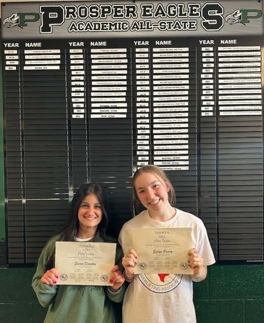 ProsperEaglePL's tweet photo. Proud to announce Evelyn Grace Pecory @EPecory made the THSWPA Academic All-State ELITE Team and Emma Donahue @emmadonahue10 made Academic All-State 1st team. Strong and SMART! https://t.co/ofkP1vlfnH