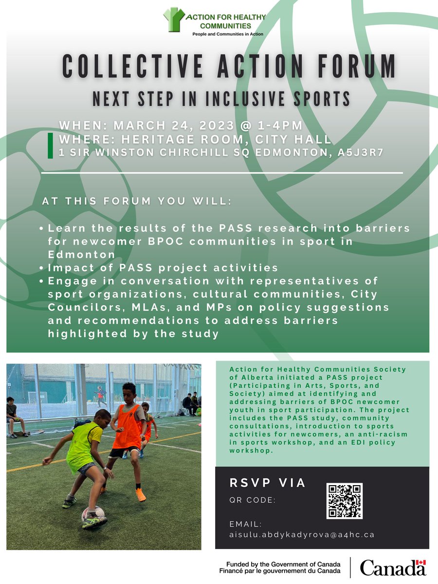 Next Steps in Inclusive Sports is to bring together sports organizations, affected community groups, service organizations, and policymakers to discuss actions and next steps to support creating inclusive systems. <a href="/action4hc/">Action For Healthy Communities Society of Alberta</a> 

Registration: form.jotform.com/222894559954273