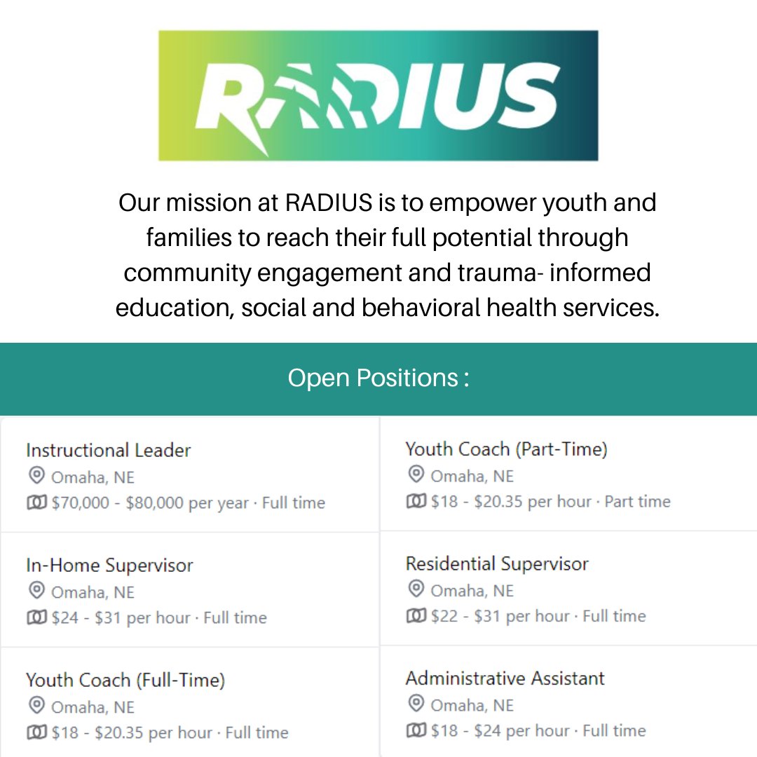 UNO School of Criminology and Criminal Justice (@unosccj) on Twitter photo <a href="/Radius_Omaha/">Radius Omaha</a> is a non-profit organization with a focus on restoring relationships between youth, families, and their community. They are preparing to open and are hiring full- and part-time positions. Learn more and apply here: buff.ly/3yWcwaU <a href="/Radius_Omaha/">Radius Omaha</a> is a non-profit organization with a focus on restoring relationships between youth, families, and their community. They are preparing to open and are hiring full- and part-time positions. Learn more and apply here: buff.ly/3yWcwaU
