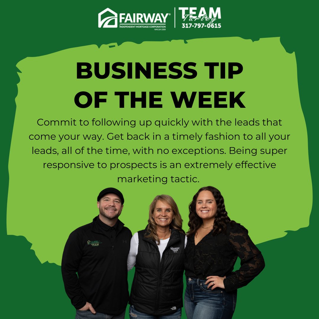 angieturley's tweet photo. Business Tip of the Week: Want to close more deals and grow your business? Commit to following up quickly with every lead that comes your way!β±οΈπΌπ€ #BusinessTipOfTheWeek #Responsive #FollowUp #LeadGeneration #TeamTurley #FairwayNation π https://t.co/RDQFp4jDhb