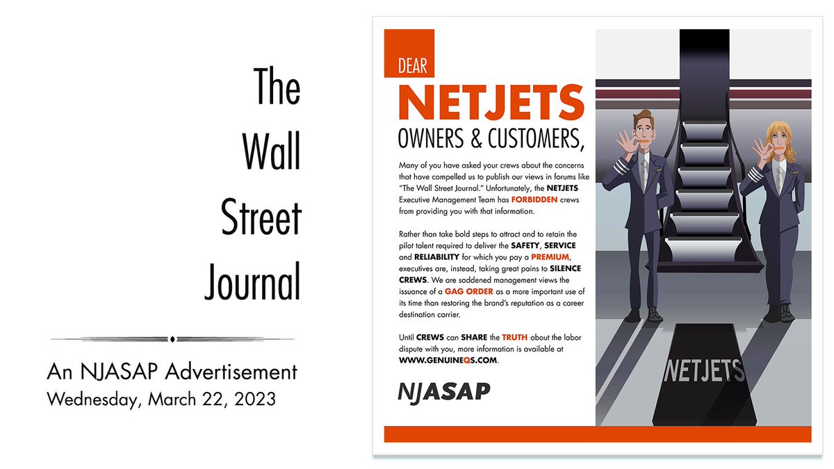 NJASAP's tweet photo. Sadly, NetJets views silencing crews as a more valuable use of its time than honing its competitive edge amid a sustained pilot labor crisis. Mainline and regional carriers are choosing bold action, while NetJets is issuing GAG ORDERS. // https://t.co/7INCopiAwO https://t.co/TzEvMaCKw4