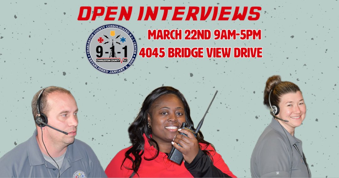 PDowd_911's tweet photo. Friendly reminder from your favorite 9-1-1 recruiter. Don’t forget! Open Interviews will be hosted again tomorrow at Charleston County’s Public Services Building, 4045 Bridge View Drive from 9am-5pm #Workfor911 #WeSaveLives https://t.co/X6QxC8g4Zp