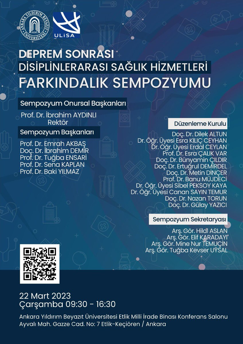 aybuulisa's tweet photo. Enstitümüzün yürütücülüğünü üstlendiği Deprem Sonrası Disiplinlerarası Bakış Açısıyla Sağlık Hizmetleri Farkındalık Sempozyumu düzenlenecektir.

📅 22 Mart (Yarın)
⏰ 09.30-16.30
📌 Ankara Yıldırım Beyazıt Üniversitesi Etlik Milli İrade Binası Konferans Salonu https://t.co/jh0JOkWHdR