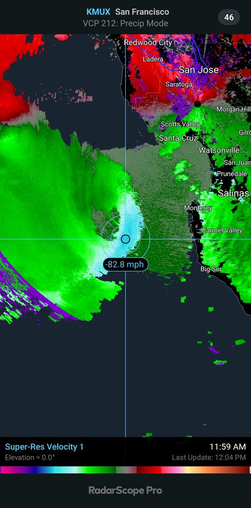 March 21 @ noonish
Radar picking up winds above 80 mph off the coast of #Monterey. As this swings around, somewhere in the #MontereyBay region may experience a period of hurricane force winds. Be ready this afternoon. #cawx