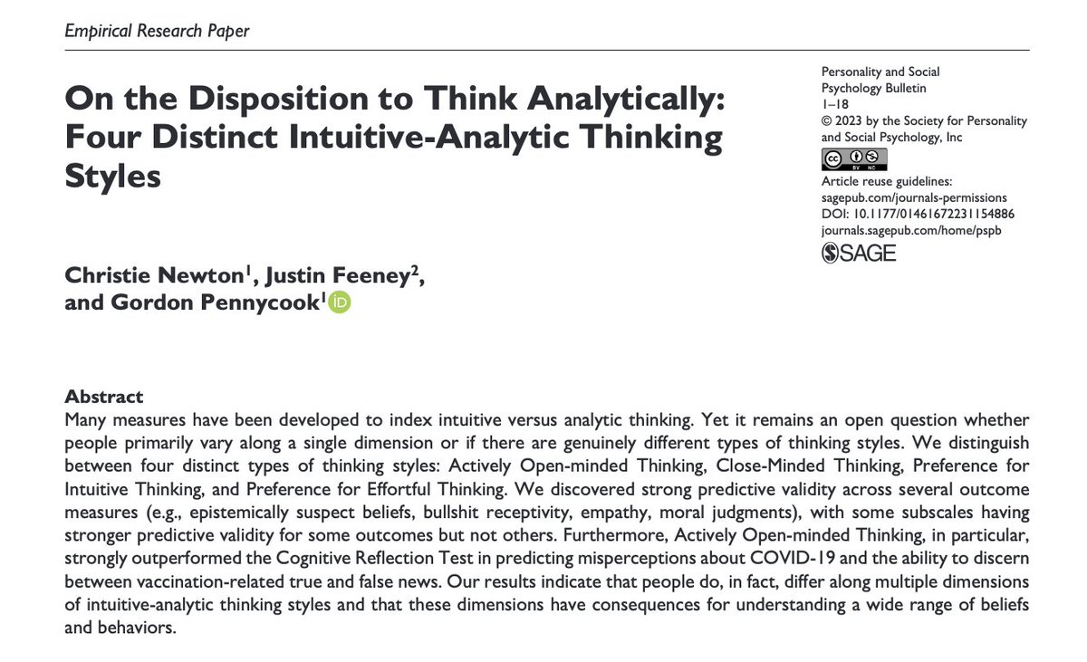 Are you interested in intuitive-analytic thinking styles? Do you use the Need for Cognition scale or CRT?

Well, we think we might have a better way to assess intuitive-analytic thinking styles! 🧵

Research with @gordpennycook, just published in PSPB:
journals.sagepub.com/doi/10.1177/01…