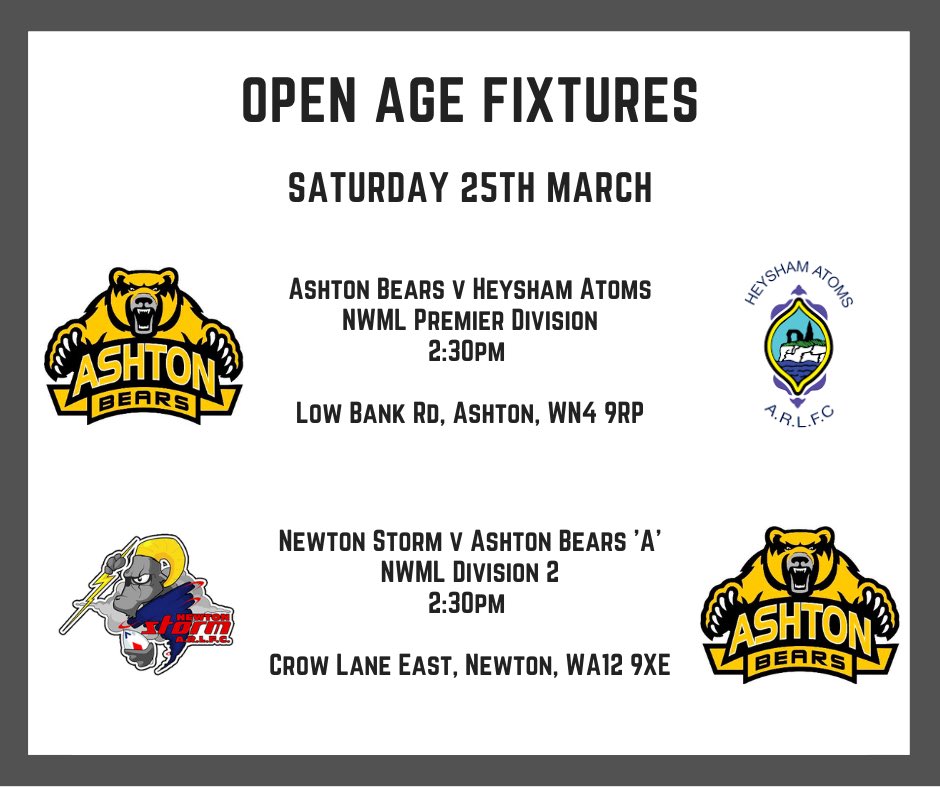 AshtonBears's tweet photo. Our 1st team finally get their league campaign underway this Saturday as we host @HeyshamAtoms. Meanwhile our 2nd team will be hoping to make it 3 from 3 with a short trip to @NewtonStormARL . 

Both games kick off at 2:30pm. Get there and cheer the lads on if you can 🐻👊🏻 https://t.co/91Qy8ebnW9