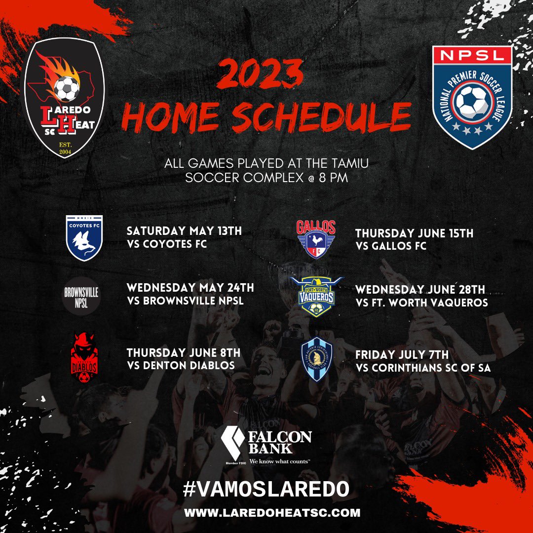 LaredoHeatSC's tweet photo. 🔥 2023 Home Schedule 🔥
Can you feel the Heat?! ❤️🖤#vamoslaredo @NPSLSoccer https://t.co/SdwNnbjhyd