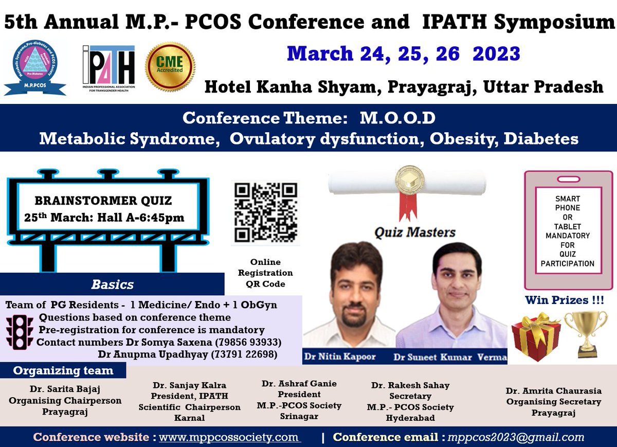 mp_pcos's tweet photo. 5th Annual M.P-PCOS conference and IPATH Symposium #Prayagraj #CME #endotwitter 

March 24 ,25, 26

Visit https://t.co/9SvEEtGpfM
 for registration details, scientific schedule

Email: mppcos2023@gmail.com 

@IndiaESI @Rssdi_official @IMAIndiaOrg
@SanjayKalraDr1 @karthik2k2
@ANI https://t.co/0pMAQ24UKh