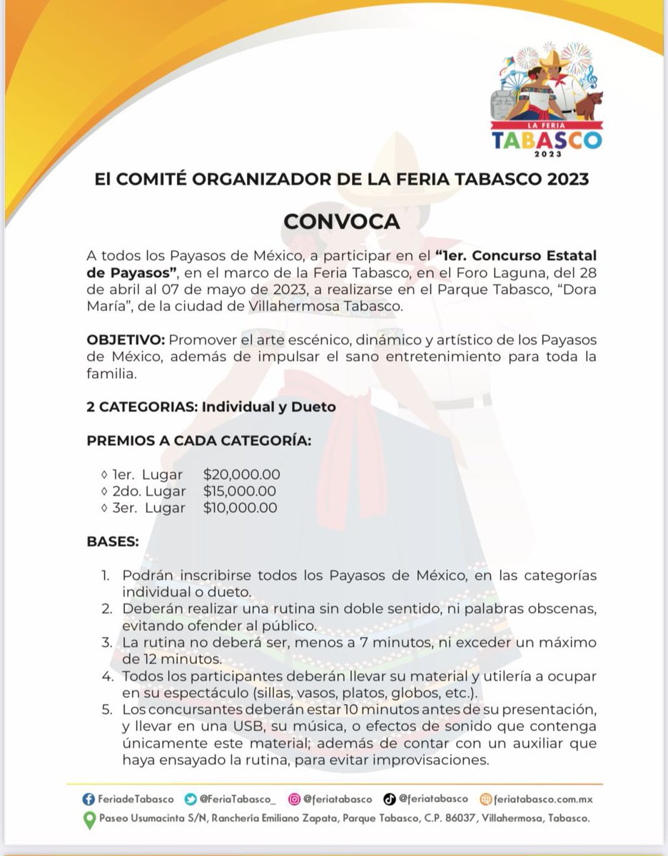 eltabasquenocom's tweet image. La #FeriaTabasco2023 está buscando payasos 🤡🤡🤡

@FeriaTabasco_ lanzó la convocatoria del 1er Concurso Estatal de Payasos en el #ParqueTabasco.

Aquí las bases 👇🏼👇🏼👇🏼👇🏼