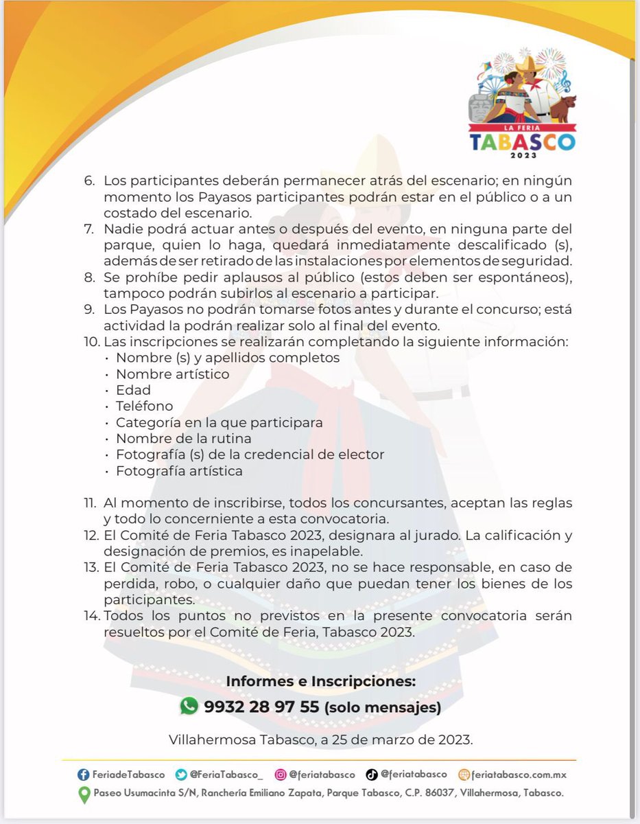 eltabasquenocom's tweet image. La #FeriaTabasco2023 está buscando payasos 🤡🤡🤡

@FeriaTabasco_ lanzó la convocatoria del 1er Concurso Estatal de Payasos en el #ParqueTabasco.

Aquí las bases 👇🏼👇🏼👇🏼👇🏼