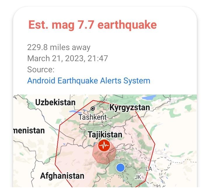 Tue 21 Mar 2023 17.54 GMT

A strong earthquake lasting for at least 30 seconds was felt across much of Afghanistan, Pakistan and parts of India on Tuesday night, with the US Geological Survey putting its magnitude at 7.7

#earthquake #earth #amzdoc#earthquake