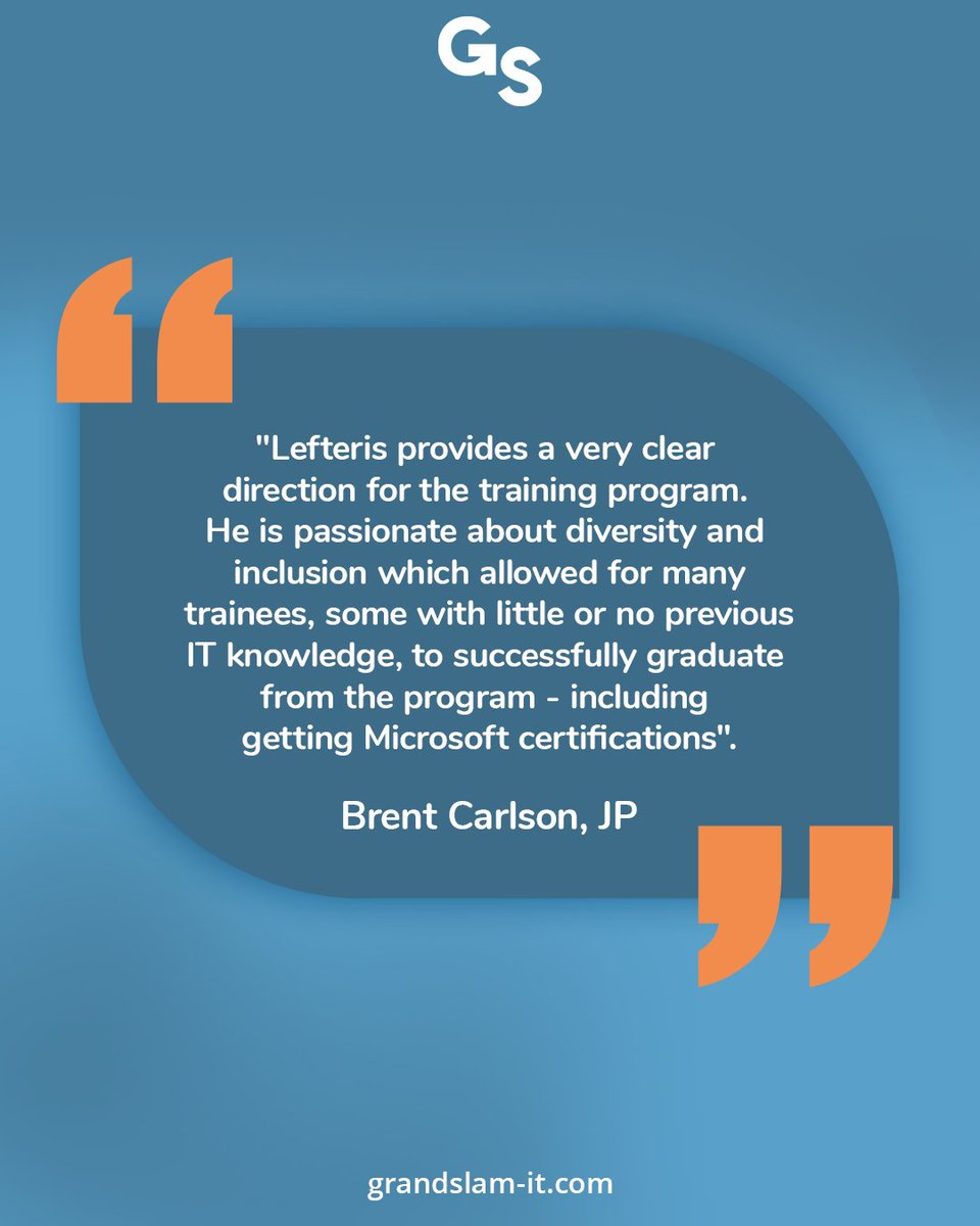grand_slam_it's tweet image. “Lefteris provides a very clear direction for the training program. He is passionate about diversity and inclusion which allowed for many trainees.. ➡️ ⬇️

#diversityandinclusion #ITtraining #Microsoftcertifications #professionaldevelopment #learnersuccess